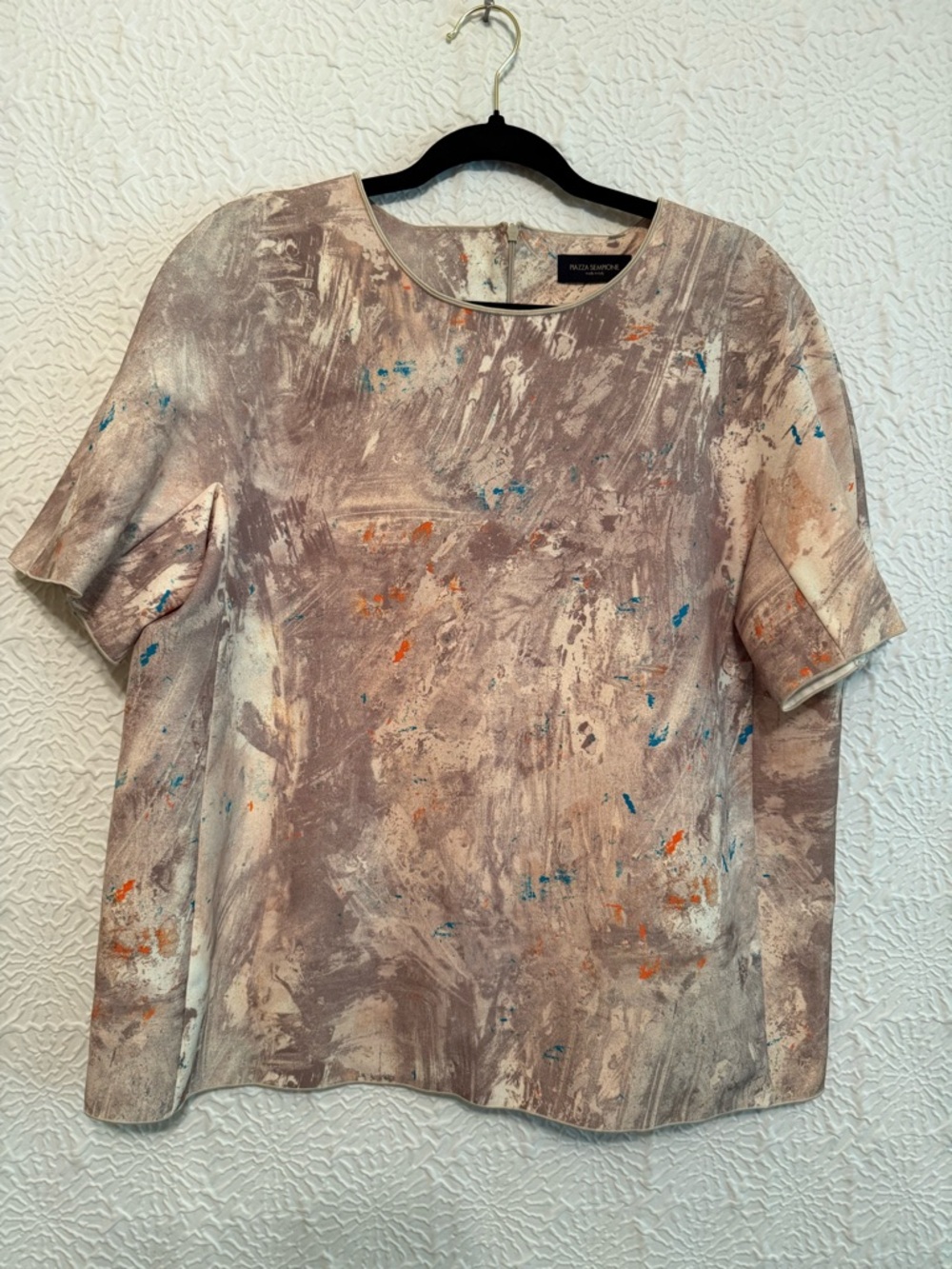 Piazza Sempione Taupe Abstract Short Sleeve Top with Blue & Orange Splatter